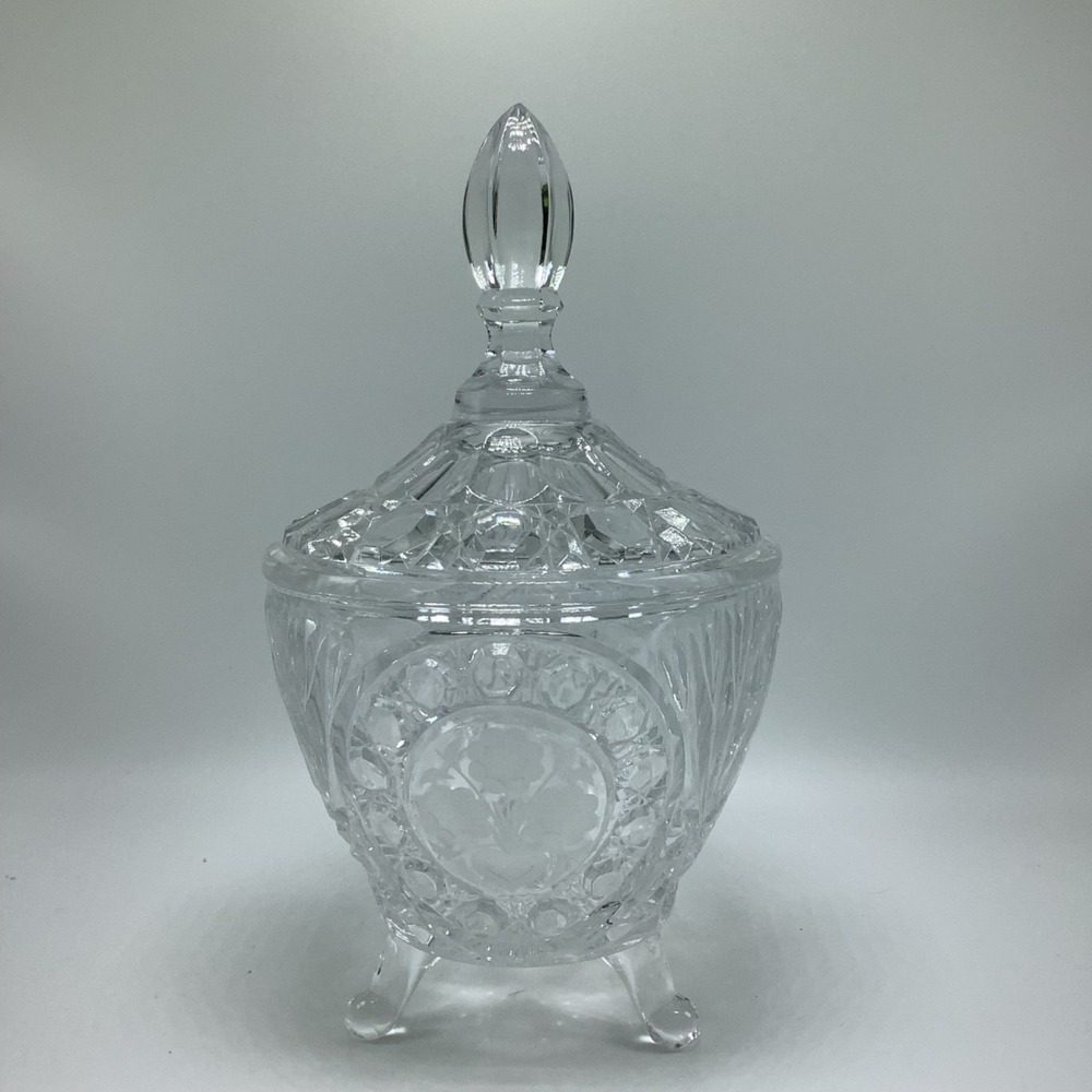 Vintage Etched Floral 3 Footed Cut Glass Crystal Candy Dish,‎ w/ Lid 11" Tall